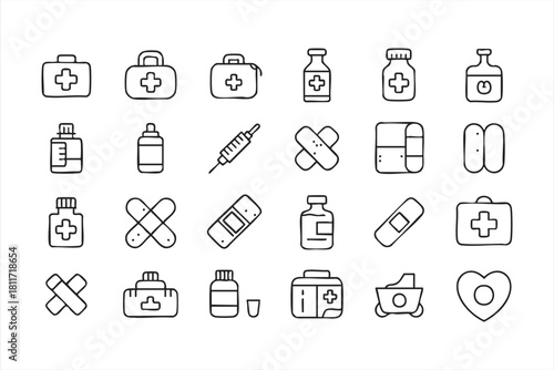 Healthcare equipment icon pack featuring medicine bottles and bandages