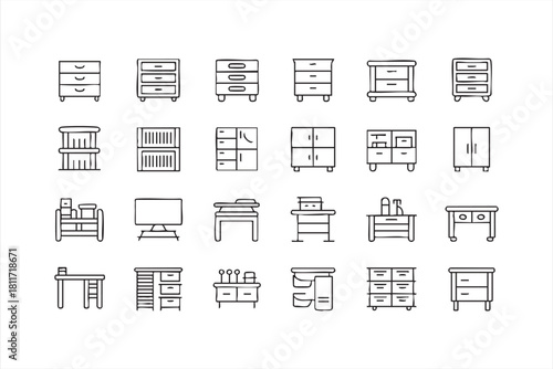Furniture line icons for cabinets, shelving, desks, and storage units