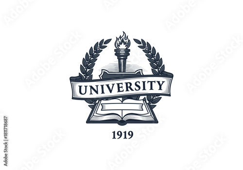Vintage university emblem with year 1919 featuring laurel wreath and open book design