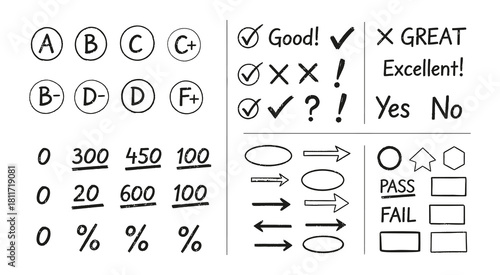 Hand-drawn marks grading symbols handwritten review assessment evaluation feedback signs icons