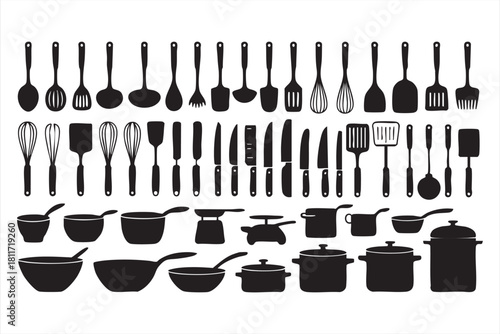Comprehensive cooking tool silhouettes for recipe apps and food platforms