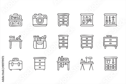 Tool storage and workbench line icons for workshop and handyman platforms