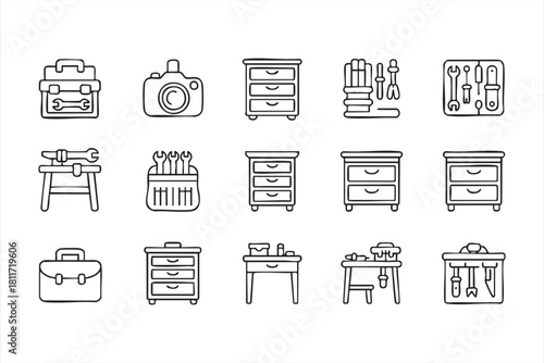 Workshop furniture line pack with benches, storage units, and tool holders