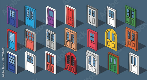 Isometric Colorful Door Collection Different Styles Architectural Designs for Home Entrance