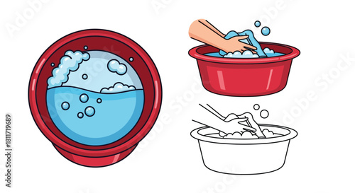Washing clothes by hand in a red basin with soapy water and rinsing