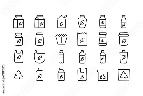 Sustainable packaging outline set with leaf symbols for eco product design