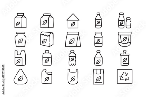 Sustainable packaging outline set with leaf symbols for eco product design
