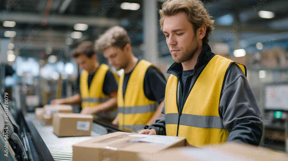 Fototapeta premium Workers in a massive distribution center scanning barcodes under bright industrial lighting, conveyor belts moving behind them in synchronized flow — high-efficiency logistics, modern inventory