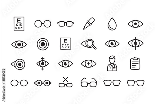 Optometry and eyewear line icons for eye care apps and clinic interfaces