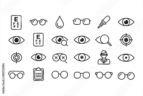 Ocular health icon pack with eye charts, drops, and diagnostic symbols