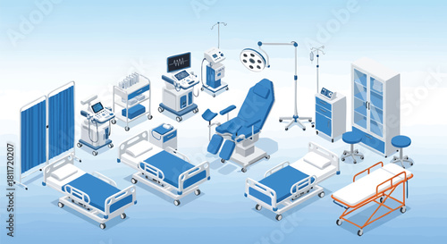 Isometric Hospital Room with Medical Equipment and Beds Vector Illustration