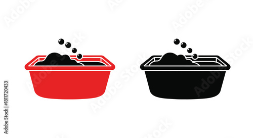 Two containers one red and one black filled with soil and bubbles