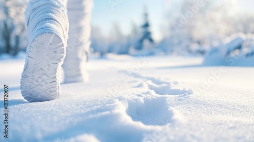 52.A close-up of a pair of boots walking on freshly fallen snow, leaving deep, crisp footprints behind. The snow is pristine and white, with no traces of dirt or slush. The surrounding scenery shows