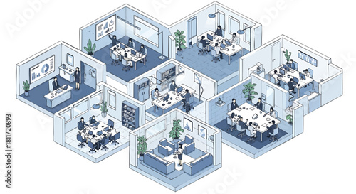 Isometric Office Space Layout with Meeting Rooms and Workstations Illustration