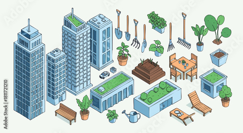 Isometric urban garden design elements with rooftop greening and gardening tools
