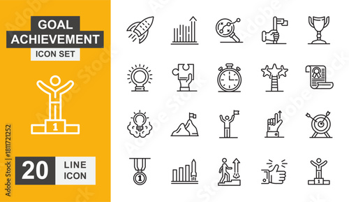 Goal achievement icon set. Success, growth, progress, strategy, target and more line icon.