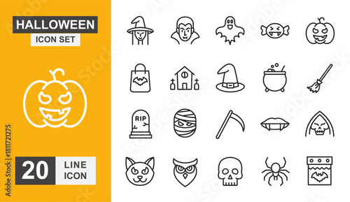 Halloween icon set. Ghost, spider, skull, devil, magic and more line icon.