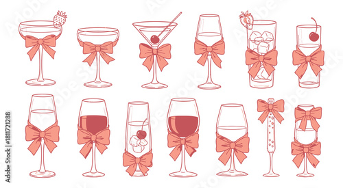 Charming hand-drawn pink ribbon decorated glasses assortment for celebrations