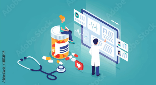 Modern healthcare scene with doctor reviewing patient data on tablet