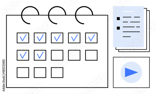 Calendar with check marks, task list, and media file promotes time management, goal tracking, and organization. Ideal for productivity, scheduling, planning, task management reminders workflow