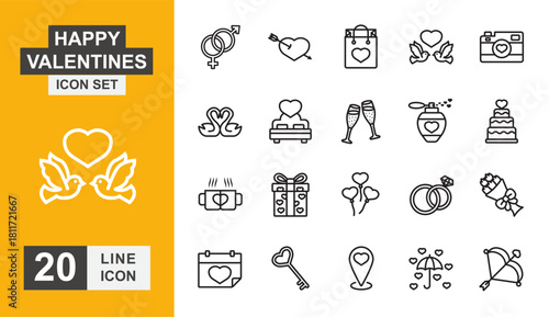 Happy valentines icon set. Love, romance, heart, rose, wedding, couple and more line icon.