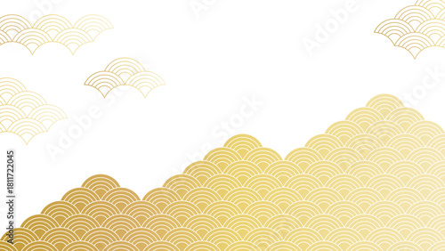 落ち着いた雰囲気で金と青海波が美しい上質な和風背景素材。金色をあしらった青海波模様が高級感のある和風背景。“Calm and Luxurious Japanese Seigaiha Wave Background with Gold Accents ”