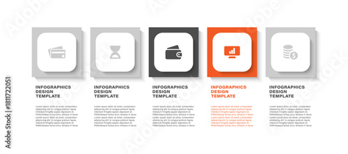 Clean business infographic template with five options and financial icons. Modern minimal vector layout suitable for presentations, marketing, and data visualization.