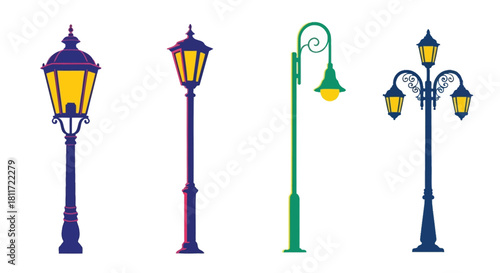 A collection of vintage street lamps in various styles and colors
