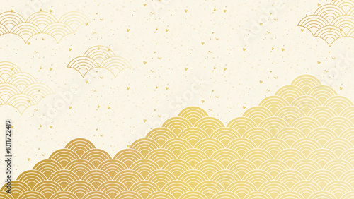青海波柄の上品な和風背景。日本の伝統文様を使用した落ち着いたデザインテクスチャ。“Premium Japanese Washi Texture Background with Simple Gold Seigaiha Pattern”