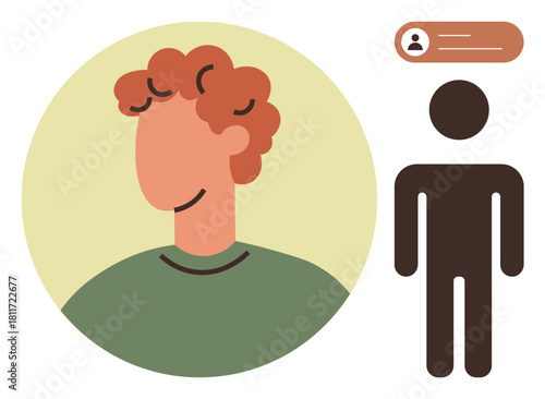 Portrait of a person with curly hair, user profile badge, and generic figure avatar. Ideal for identity, login, membership, account creation, networking personal branding user management. Flat