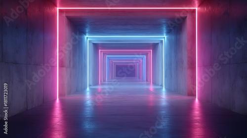 Fototapeta Naklejka Na Ścianę i Meble -  A futuristic tunnel illuminated by pink and blue neon lights