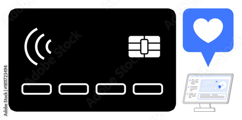 Black contactless payment card, digital heart in chat bubble representing social connection, and desktop interface with security elements. Ideal for finance, fintech, e-commerce, online safety