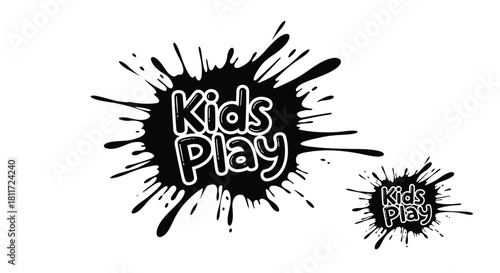 A black and white splash design featuring the words kids play