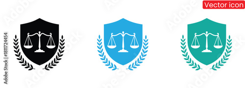 Elegant justice scales emblems for law firms and agencies,Protection Justice Icon Set Black and White Shield Scales Symbols Vector Design