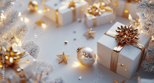 Fototapeta Naklejka Na Ścianę i Meble -  Cover with Christmas gifts, ribbons and toys on light colored background. Golden balls, lights, glitter. New Year. Winter holiday template, card, banner, poster with space for text. Holiday concept.