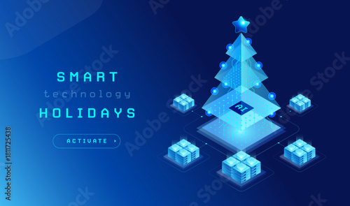 Christmas AI Technology Greeting Card - Digital Christmas tree with AI chip connected to servers that resemble Christmas presents. Text Smart Holidays and button Activate - creative idea vector