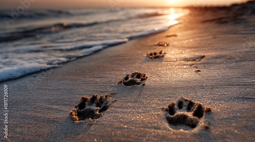Dog paw prints lead along the sandy beach towards the ocean at sunset, creating a serene and peaceful scene of natures beauty and companionship