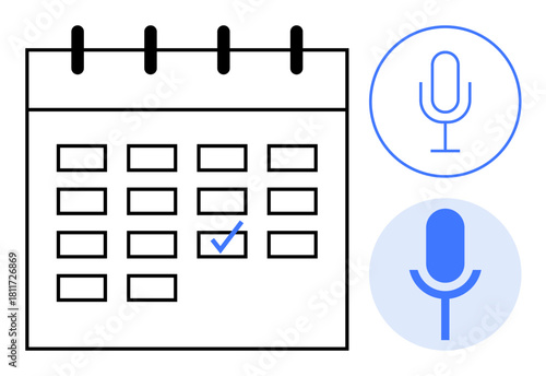 Calendar grid with date highlighted by a checkmark and two microphones symbolizing reminders and voice notes. Ideal for time management, productivity, event planning, voice recording, task tracking