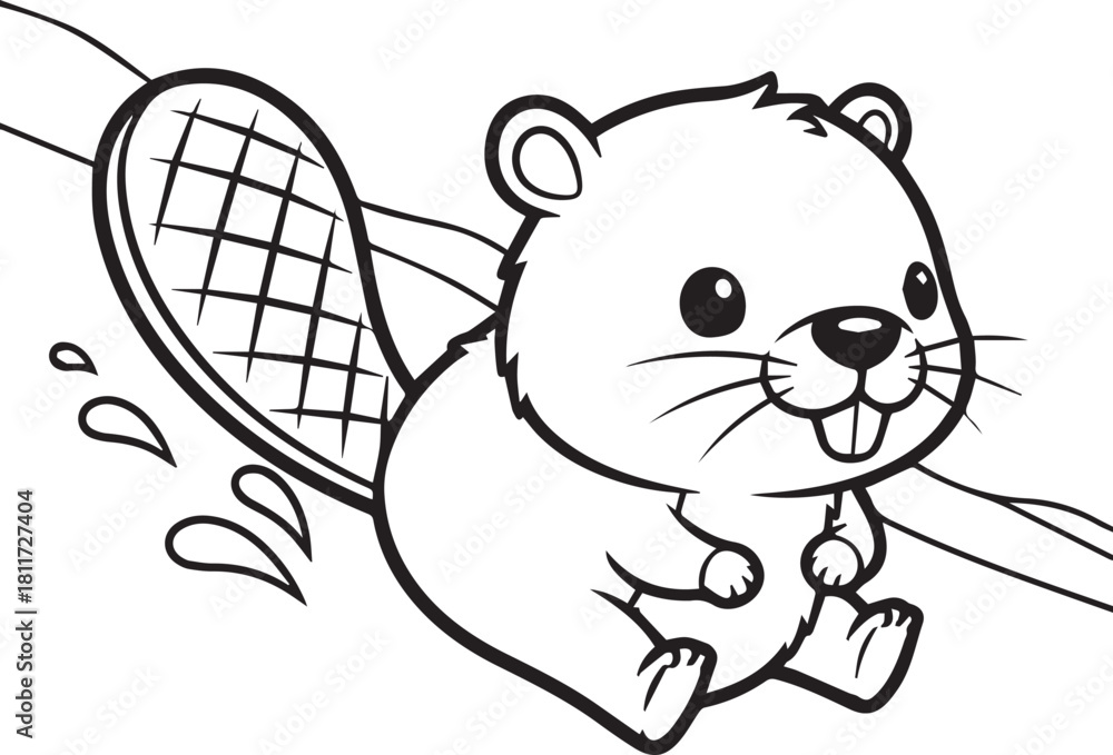 Fototapeta premium Cute Baby Beaver Sitting by the Water – Outline Cartoon Coloring Page