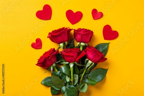 Red roses and hearts on yellow background perfect for valentine's day gift