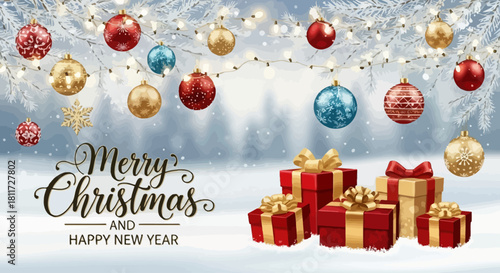 Cheerful Santa Claus Merry Christmas Greeting Card and Banner