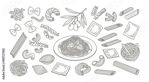 Detailed hand drawn collection of various delicious food items and ingredients for culinary art