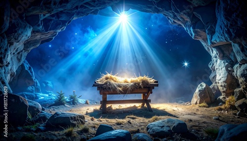 Inside the cave with empty wooden manger. Birth of Jesus Christ.	
