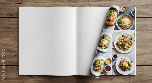 Open blank magazine or cookbook with empty pages and a collage of delicious food recipes on a rustic wooden table