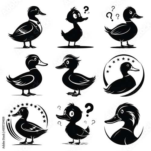Set of vector black confused duck silhouette icon. Isolated black animal shape design element.