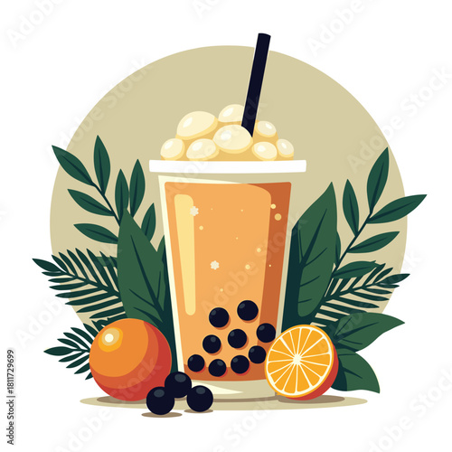 Refreshing bubble tea with fruits and leaves on a neutral background  