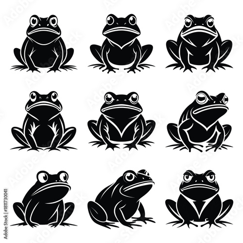 Set of vector black frowning frog silhouette icon. Isolated black animal shape design element.