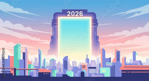 Flat Utopian City Portal Gate New Year 2026 Design