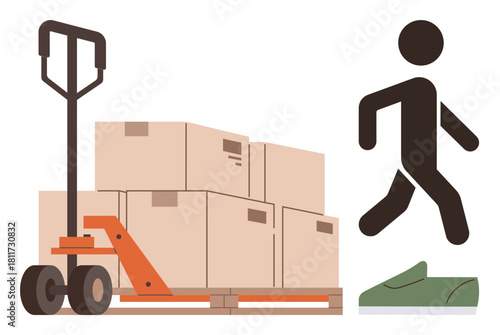 Human figure walking near loaded pallet jack with stacked cardboard boxes, symbolizing movement, delivery, logistics, shipping, warehouse, supply chain, and teamwork. Simplistic flat metaphor