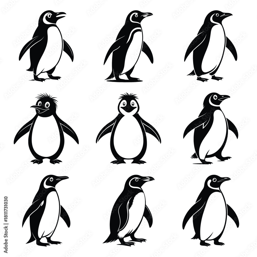 Obraz premium Set of vector black goofy penguin silhouette icon. Isolated black animal shape design element.